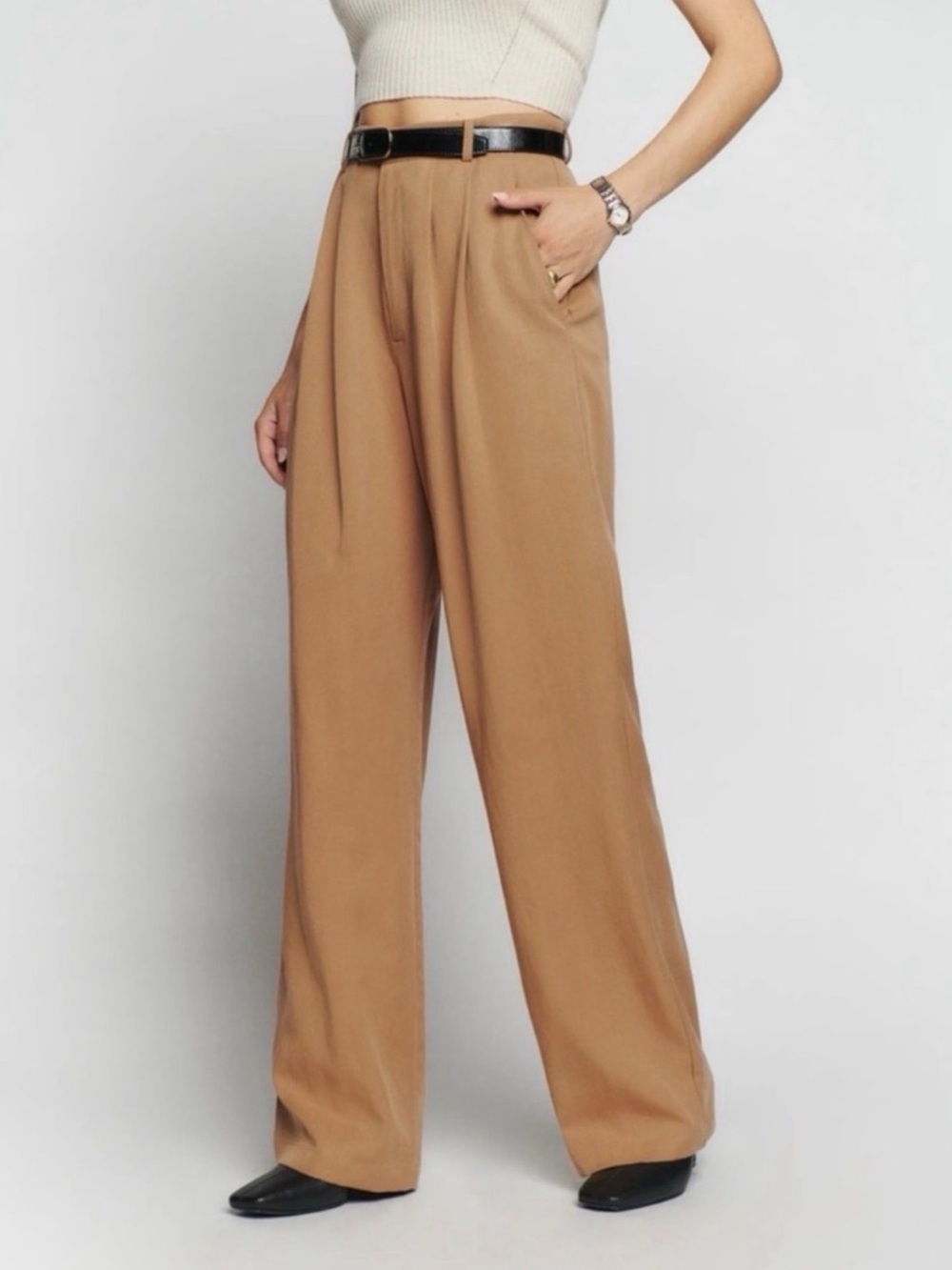 Reformation Tan Wide-Leg Pleated Trousers